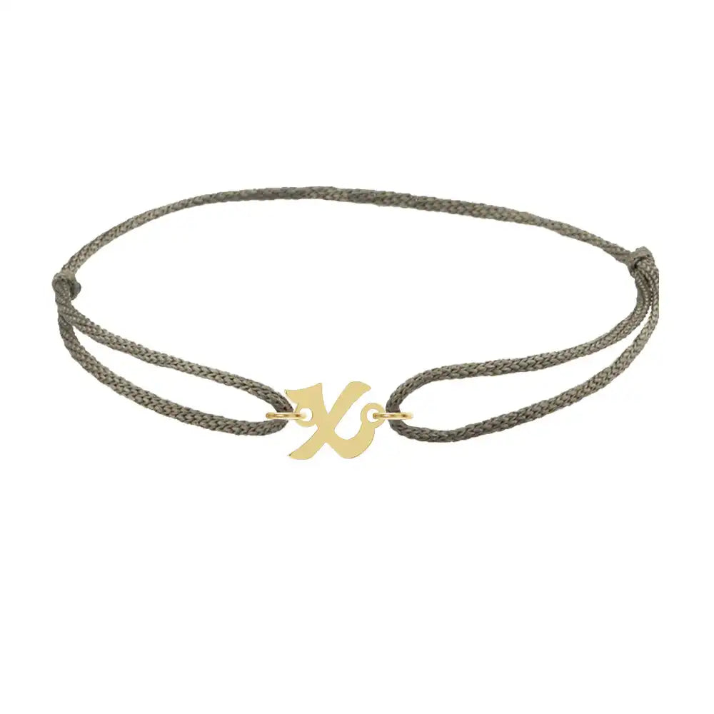 Script initial x silk bracelet in 14K yellow gold on olive silk