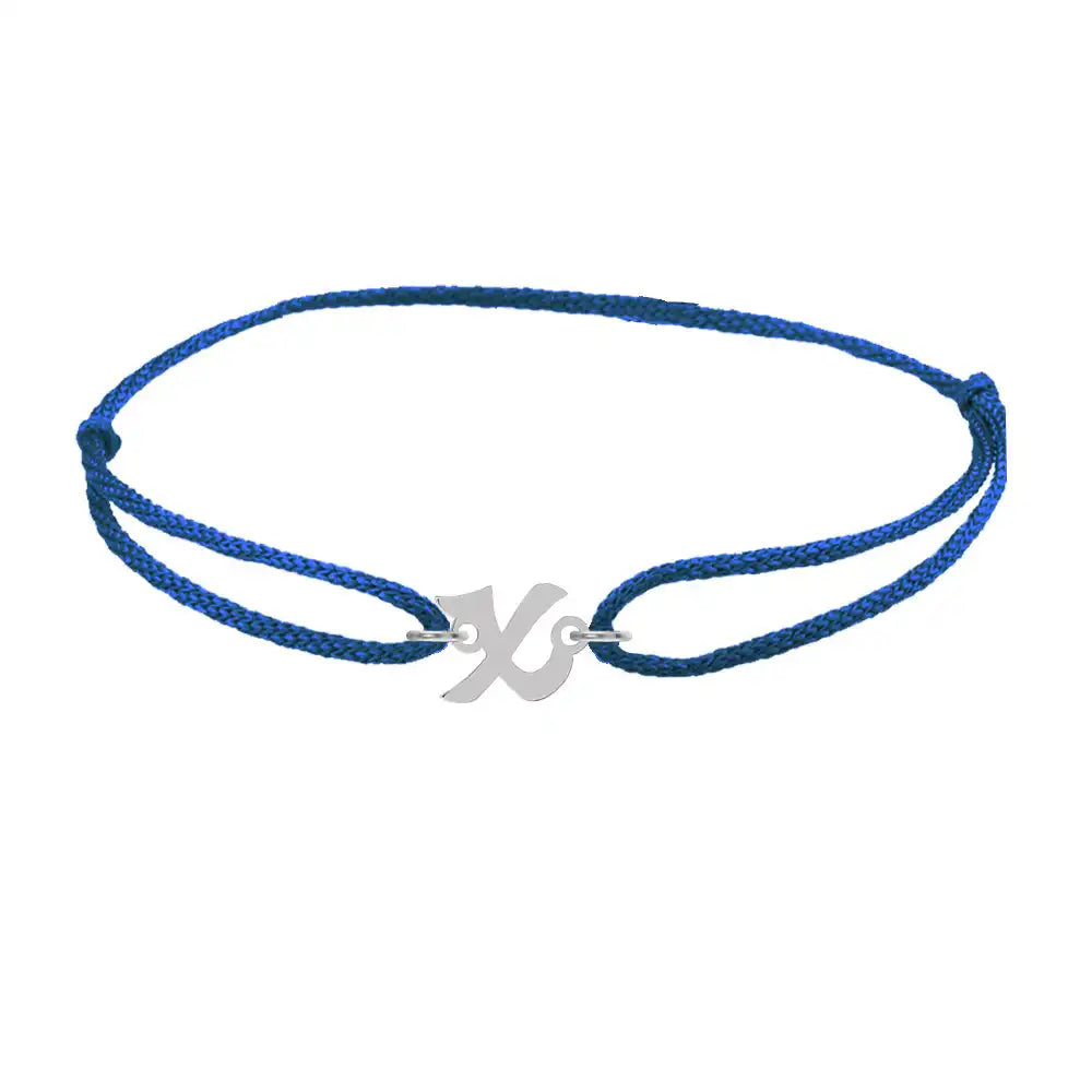 Script initial x silk bracelet in sterling silver on blue silk