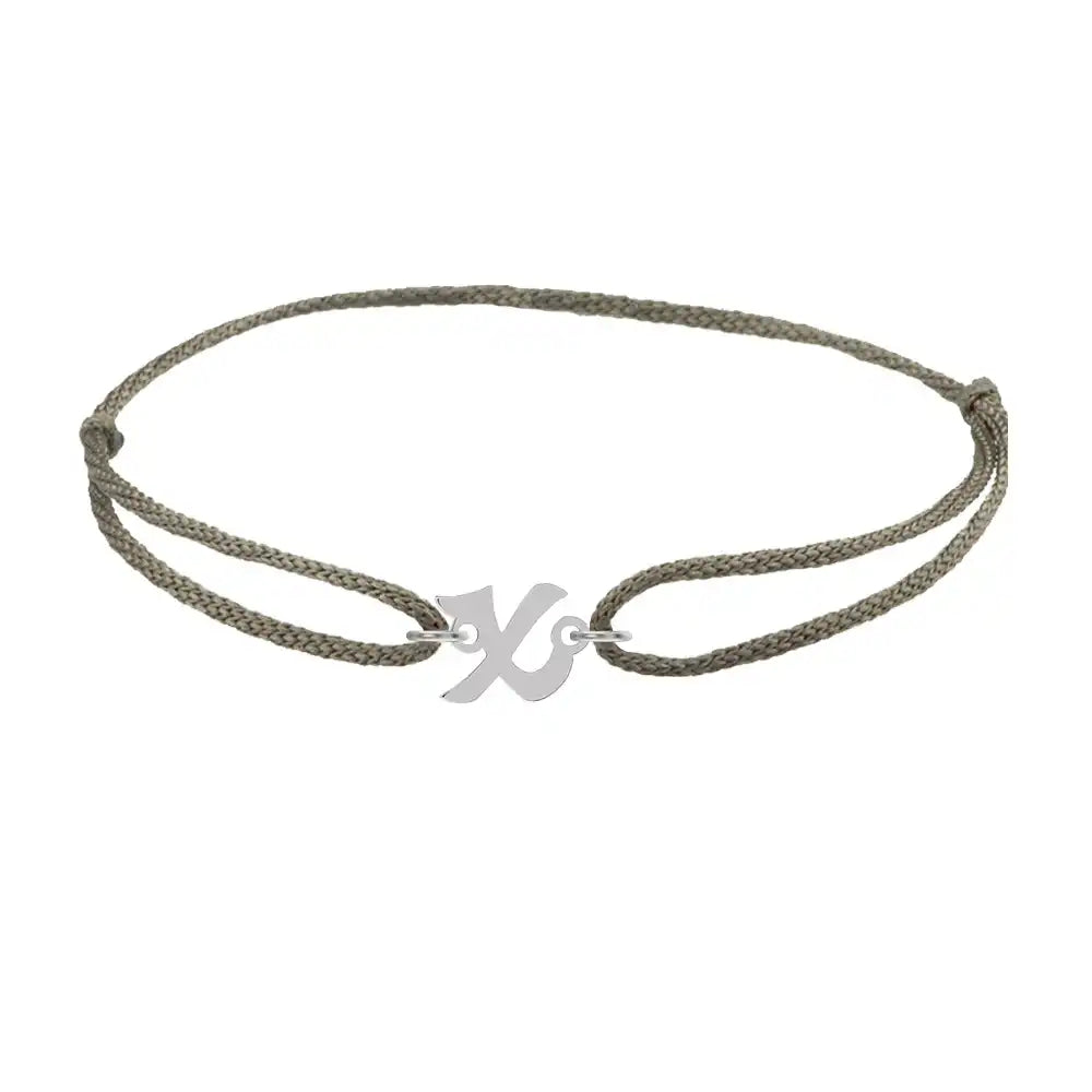 Script initial x silk bracelet in sterling silver on olive silk