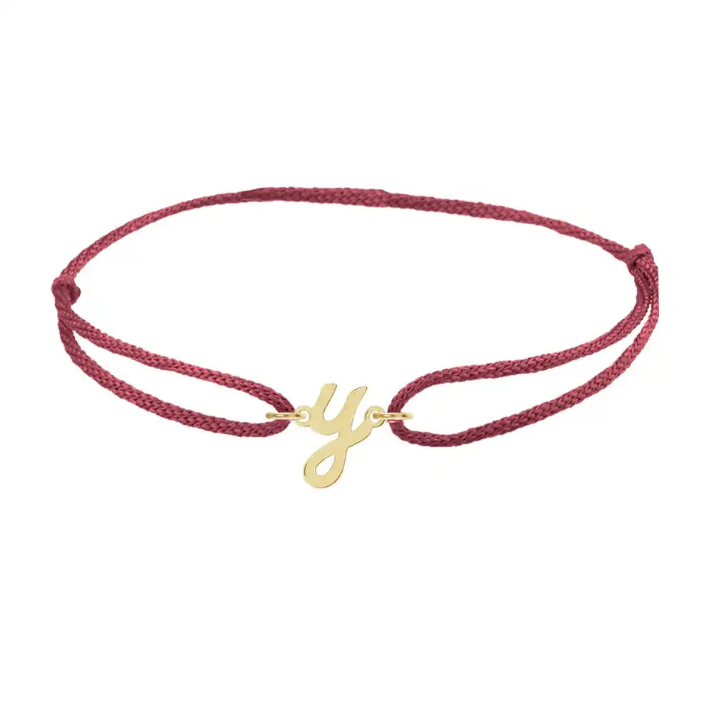 Script initial y silk bracelet in 14K yellow gold on burgundy silk