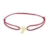 Script initial y silk bracelet in 14K yellow gold on burgundy silk