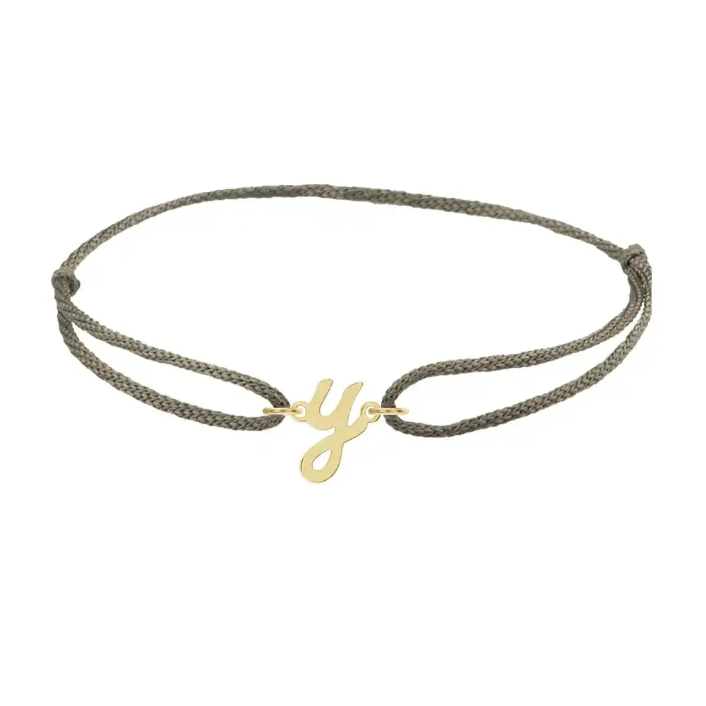 Script initial y silk bracelet in 14K yellow gold on olive silk