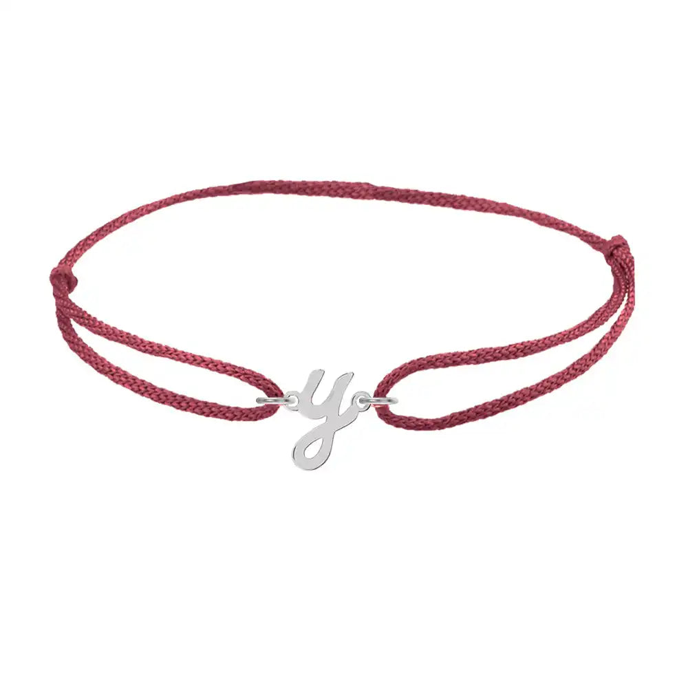 Script initial y silk bracelet in sterling silver on burgundy silk