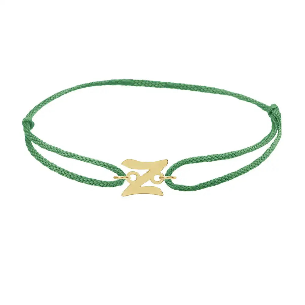 Script initial z silk bracelet in 14K yellow gold on emerald silk