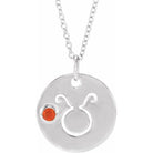 Silver Handcrafted Taurus necklace with engraved charm and fire opal gem