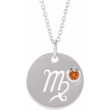 Solid silver Virgo zodiac necklace with engraved charm and fiery garnet gem