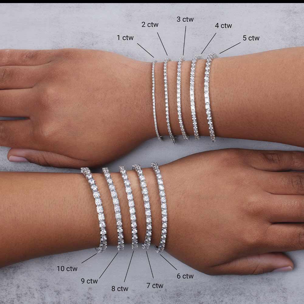 Diamond bracelets shown in sizes 1-10 carats for sizing guide