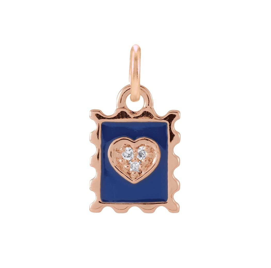 Tiny diamond stamp charm in 14K gold with blue enamel, front view variant--14K-rose-gold