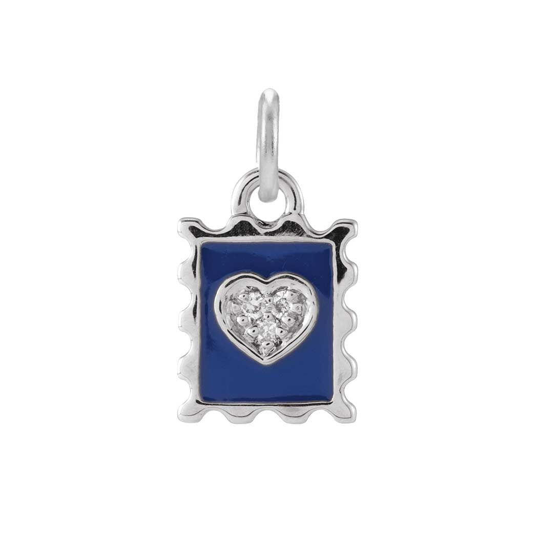 Tiny diamond stamp charm in 14K gold with blue enamel, front view variant--14K-white-gold