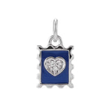 Tiny diamond stamp charm in 14K gold with blue enamel, front view variant--14K-white-gold