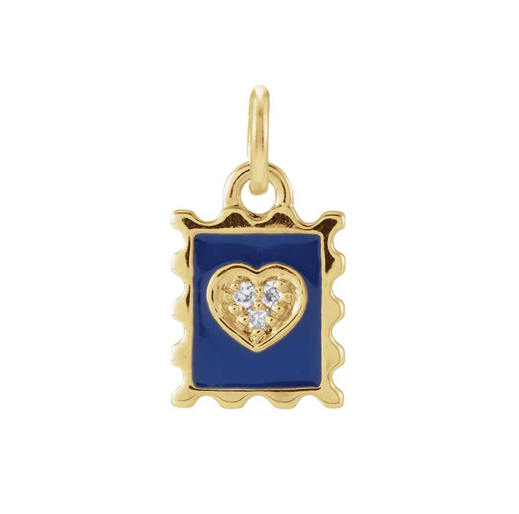 Tiny diamond stamp charm in 14K gold with blue enamel, front view variant--14K-yellow-gold