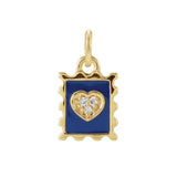 Tiny diamond stamp charm in 14K gold with blue enamel, front view variant--14K-yellow-gold
