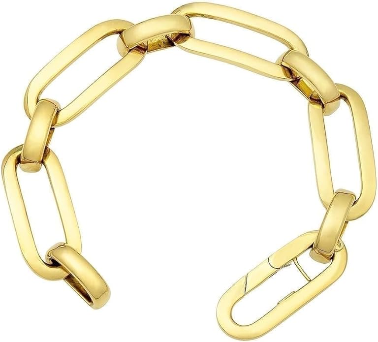 Elegant 18K yellow gold link bracelet stacked with bangles