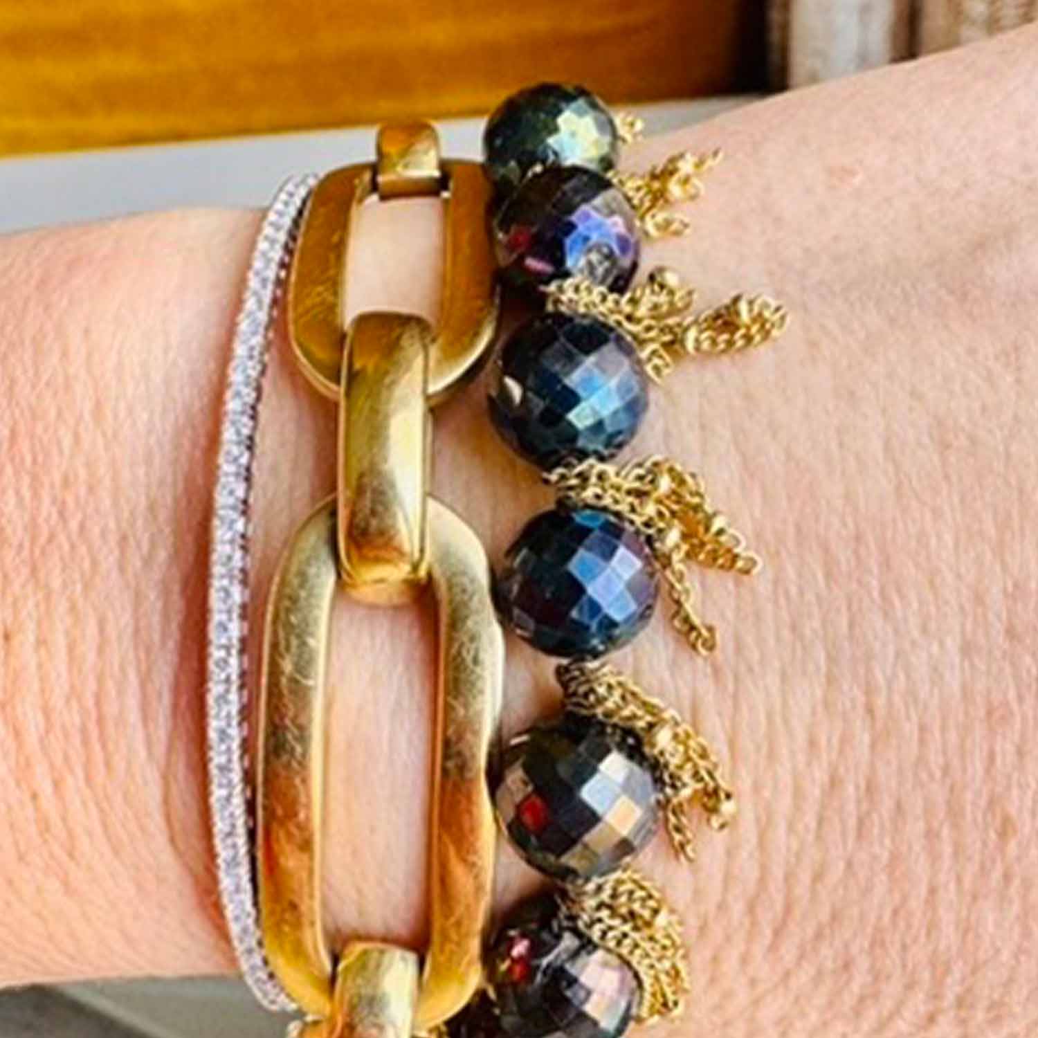 Fringe stretch bracelet with gemstone beads and gold-fill fringe, styled flat Tourmaline variant--Black-Tourmaline