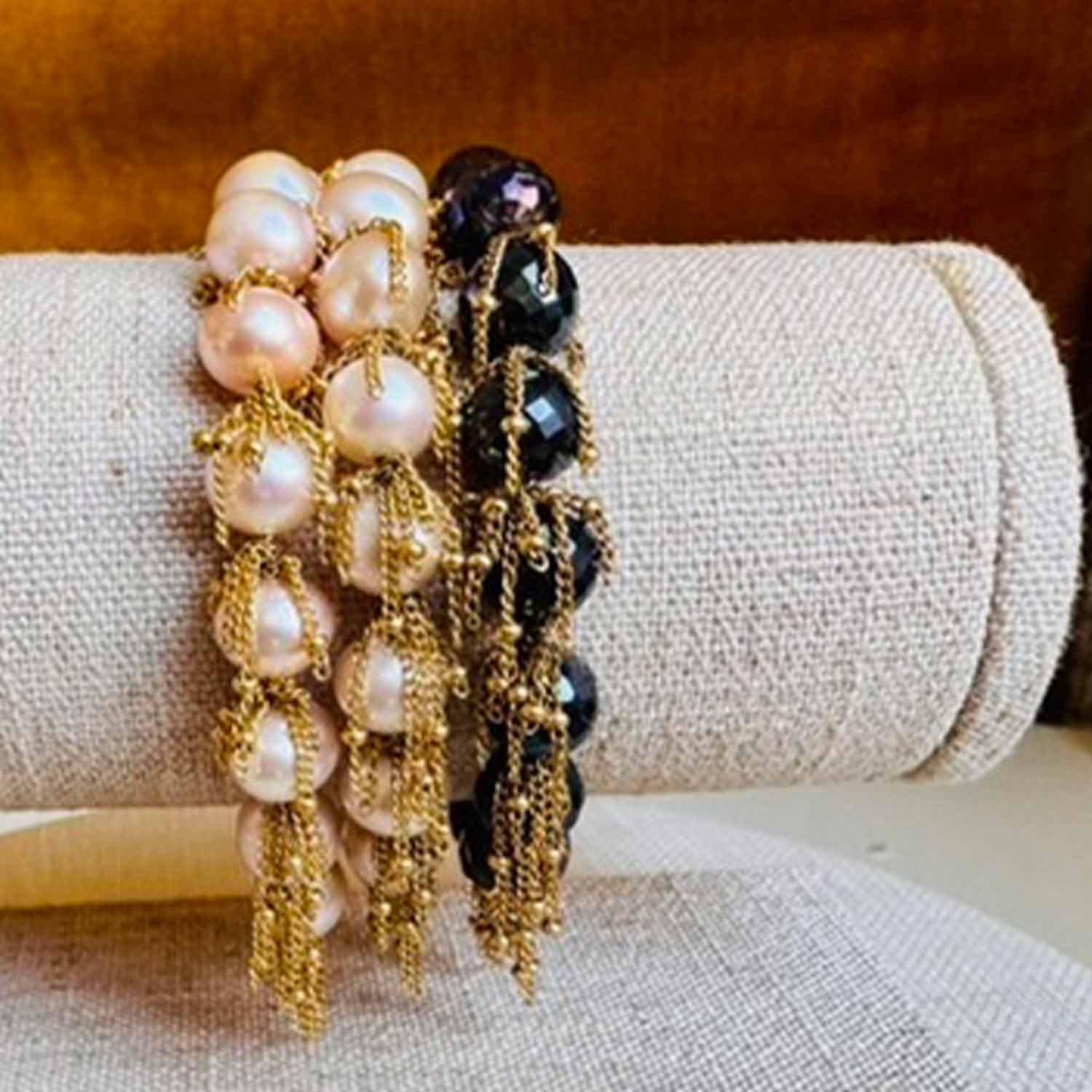 Fringe stretch bracelet with gemstone beads and gold-fill fringe, front view