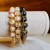 Fringe stretch bracelet with gemstone beads and gold-fill fringe, front view