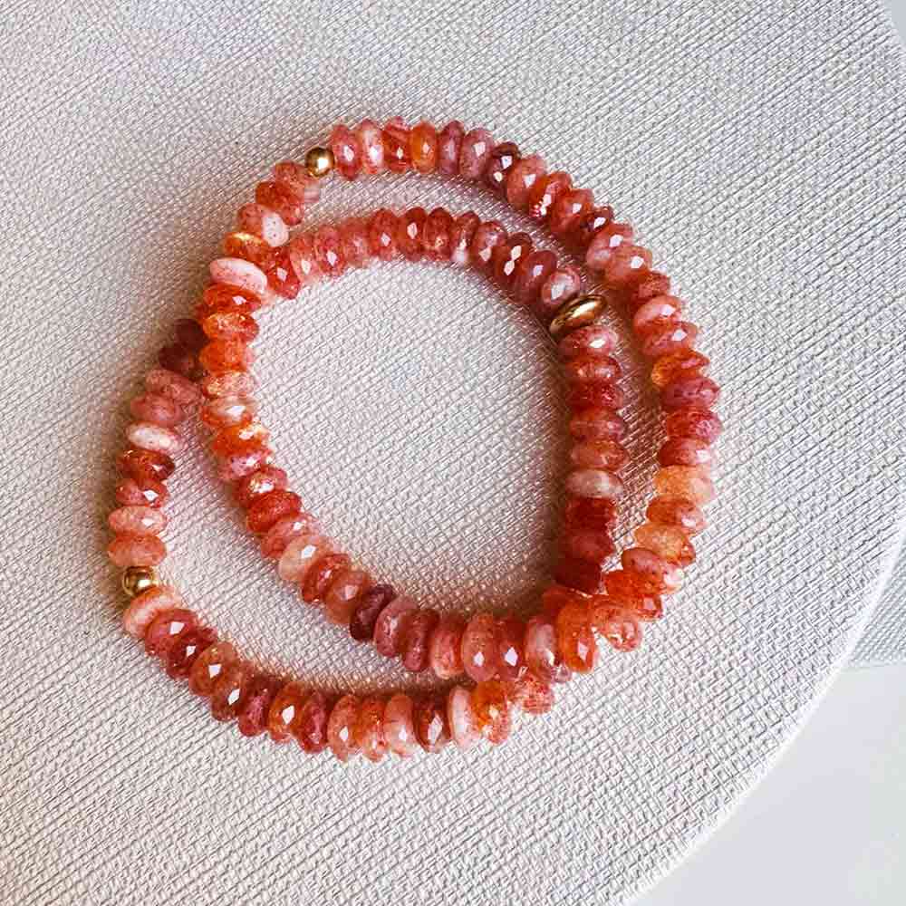 Beaded gemstone stretch bracelet with 14K gold accents variant--Sunstone