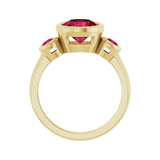 Bold 2.75CT ruby center ring flanked by petite rubies, sustainable and artisan-crafted