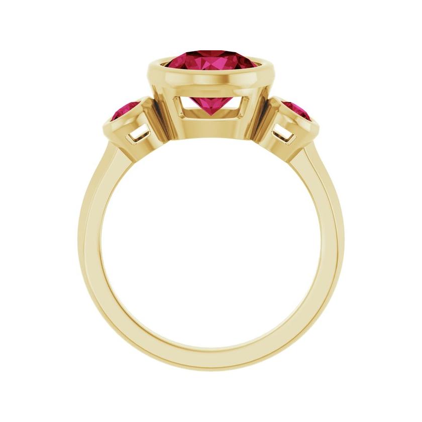Bold 2.75 CT ruby center ring flanked by petite rubies, sustainable and artisan-crafted