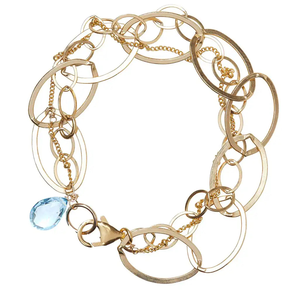 Natural swiss blue topaz woven chain bracelet in 14K gold-fill, close-up of setting variant--Swiss-Topaz variant--Gold-fill