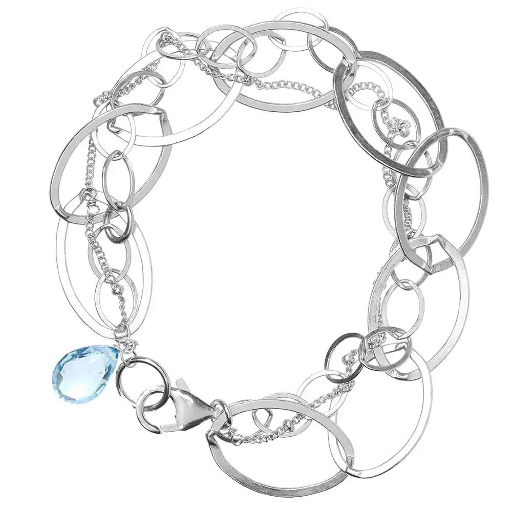 Natural swiss blue topaz woven chain bracelet in sterling silver, close-up of setting in silver variant--Swiss-Topaz variant--Sterling-silver