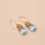 Swiss blue topaz dangle earrings product shot, genuine vivid sky-blue stone in sculptural bezel setting variant--Gold-fill variant--Sterling-silver variant--Swiss-Topaz