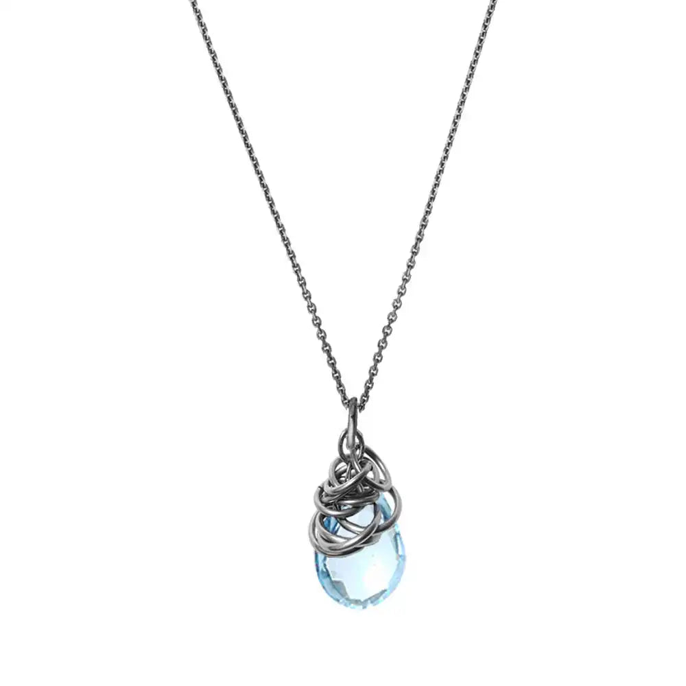 Natural swiss blue topaz pendant necklace in sterling silver, detail view
