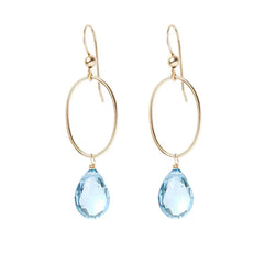 Swiss Blue Topaz gemstone hoop earrings in 14K gold-fill, hand-cut bright sky blue stone, handmade in the USA
