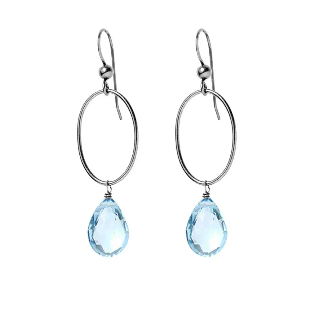 Swiss Blue Topaz gemstone hoop earrings in oxidized silver, hand-cut bright sky blue stone, handmade in the USA