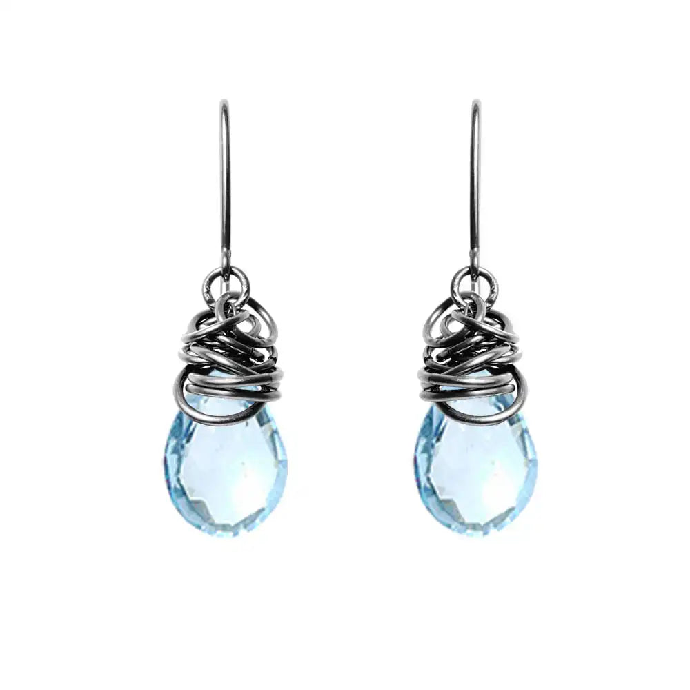 Swiss blue topaz dangle earrings in oxidized sterling silver, dark setting with vivid blue topaz stone