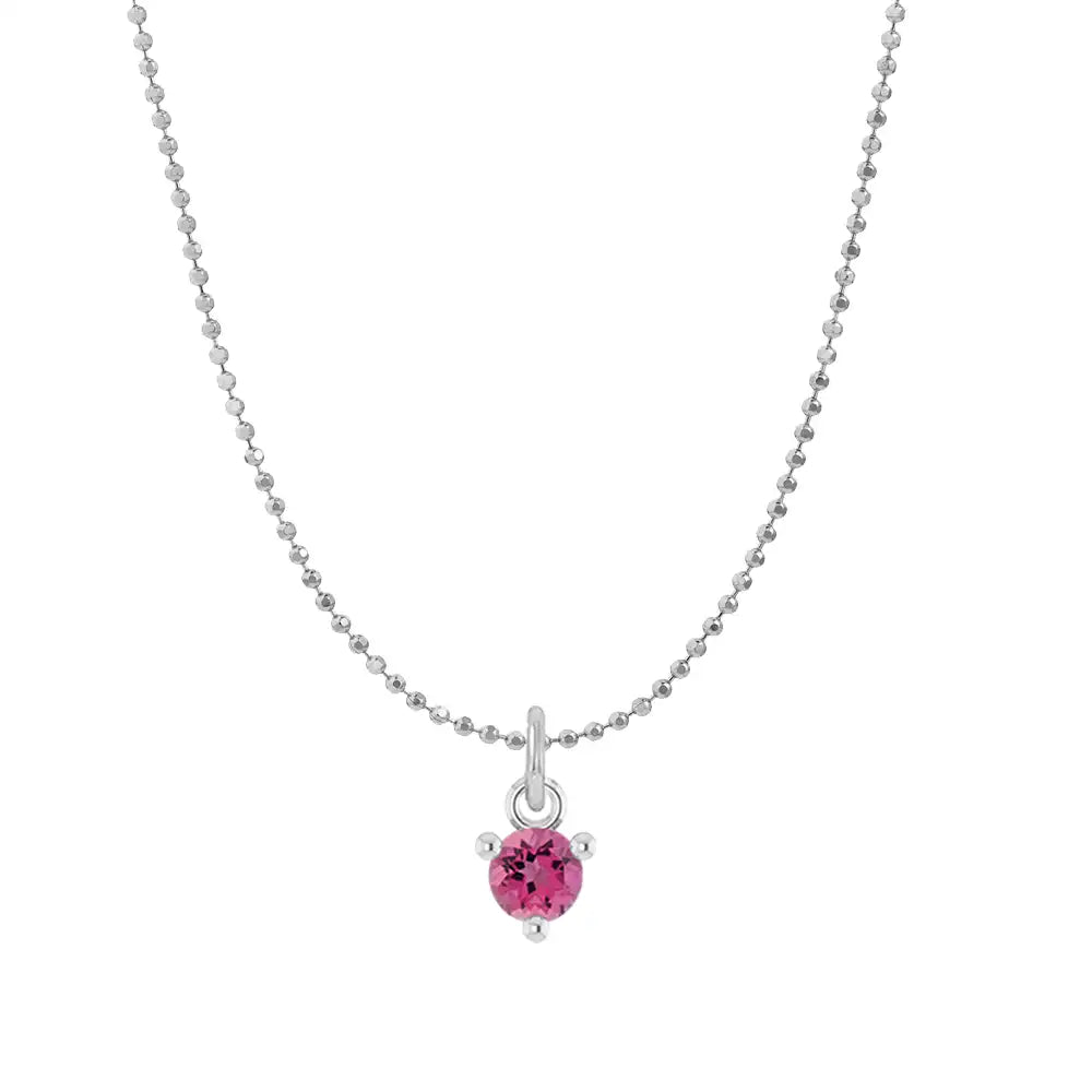 Tiny pink tourmaline solitaire necklace in 14K white gold