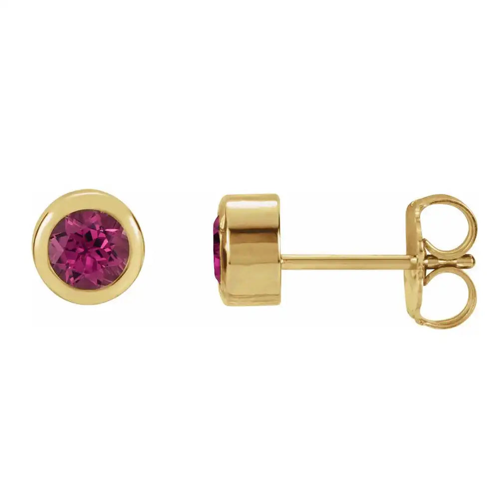 Pink tourmaline bezel stud earrings side view in 14K yellow gold variant--14K rose gold