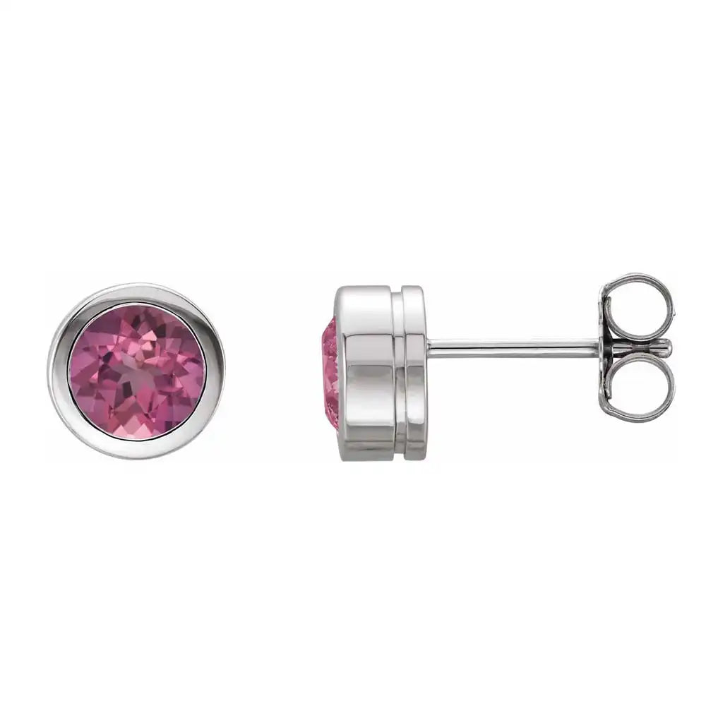 Pink tourmaline bezel stud earrings side view in 14K white gold