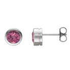Pink tourmaline bezel stud earrings side view in 14K white gold