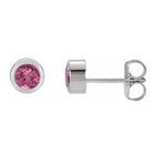Pink tourmaline bezel stud earrings side view in sterling silver variant--14K white gold