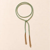 Turquoise braided chain and silk lariat necklace in 14K gold-fill, flat lay