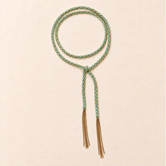 Turquoise braided chain and silk lariat necklace in 14K gold-fill, flat lay