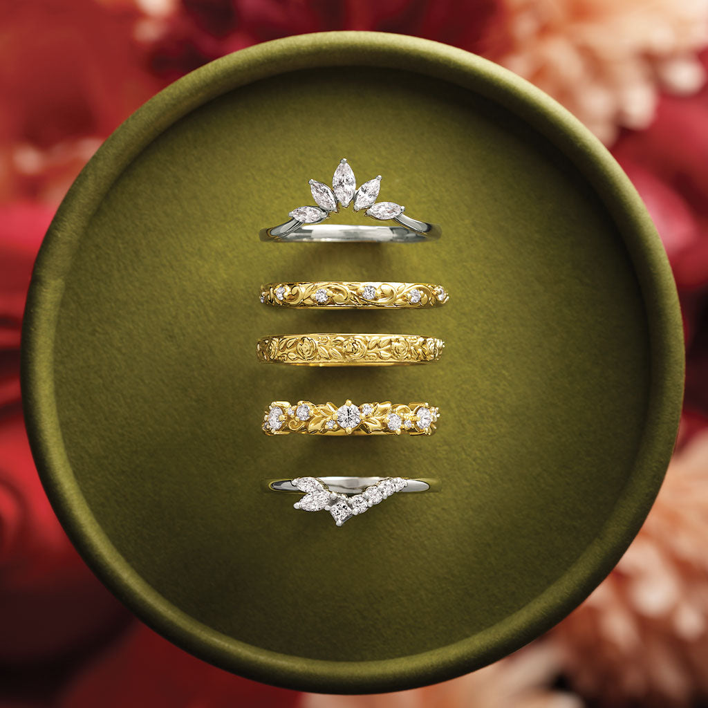 14K white gold diamond wave band with lab-created diamonds stacked with other rings