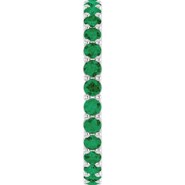 Elegant 10K white gold eternity band with round Emerald stones, handmade in the USA.