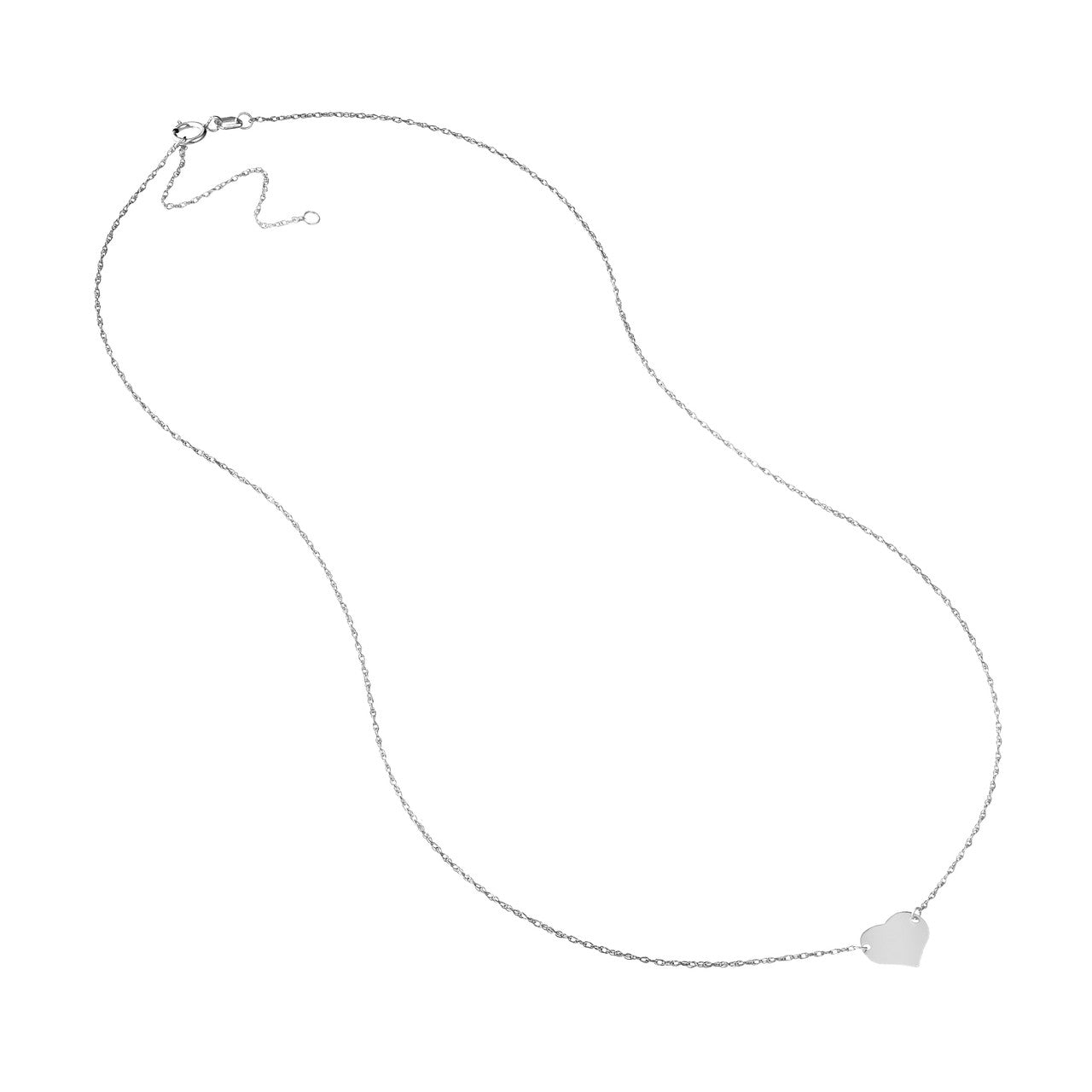 White gold adjustable chain detail of Mini Heart Necklace showing 16–18 inch length and spring-ring clasp