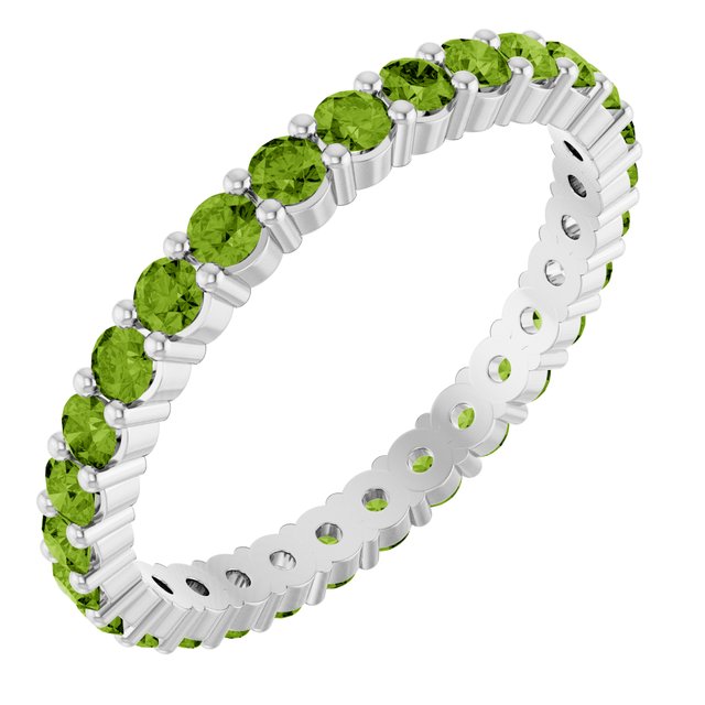 Peridot eternity ring in 10K white gold, handcrafted using recycled metal.