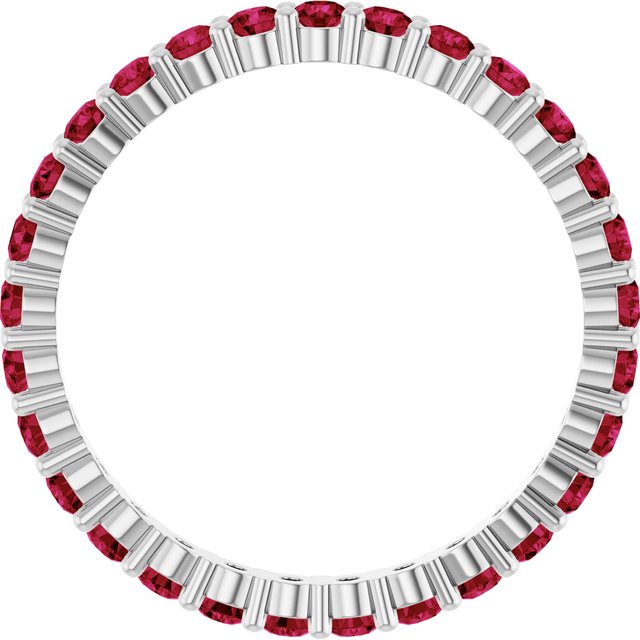 Elegant 10K white gold eternity band with round Ruby stones, handmade in the USA.
