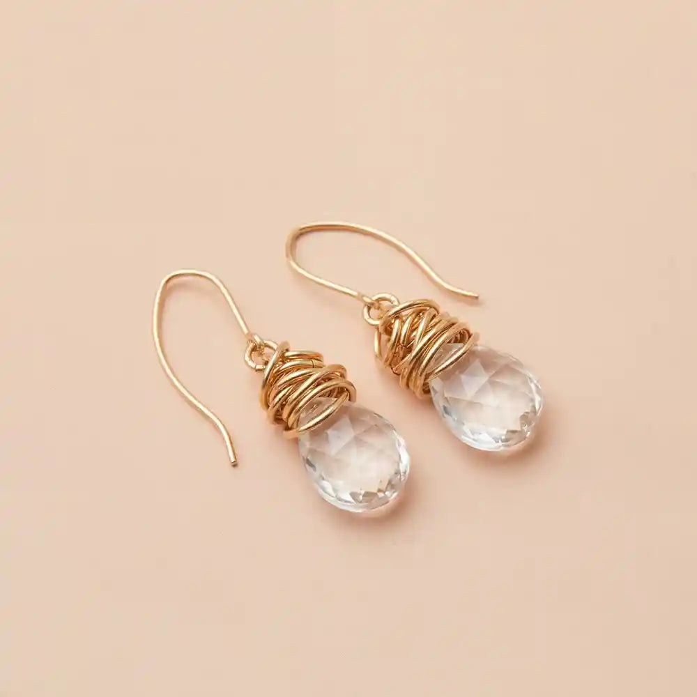 White topaz dangle earrings product shot, genuine crystal-clear stone in sculptural bezel setting variant--Gold-fill variant--Sterling-silver variant--White-topaz
