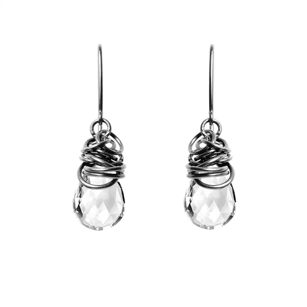 White topaz dangle earrings in oxidized sterling silver, dark setting with clear white topaz stone