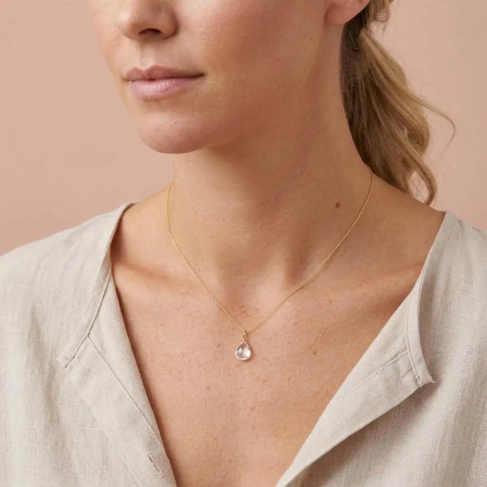Minimal white topaz pendant necklace with bright, diamond-like sparkle on model