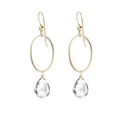 White Topaz gemstone hoop earrings in 14K gold-fill, hand-cut crystal clear stone, handmade in the USA