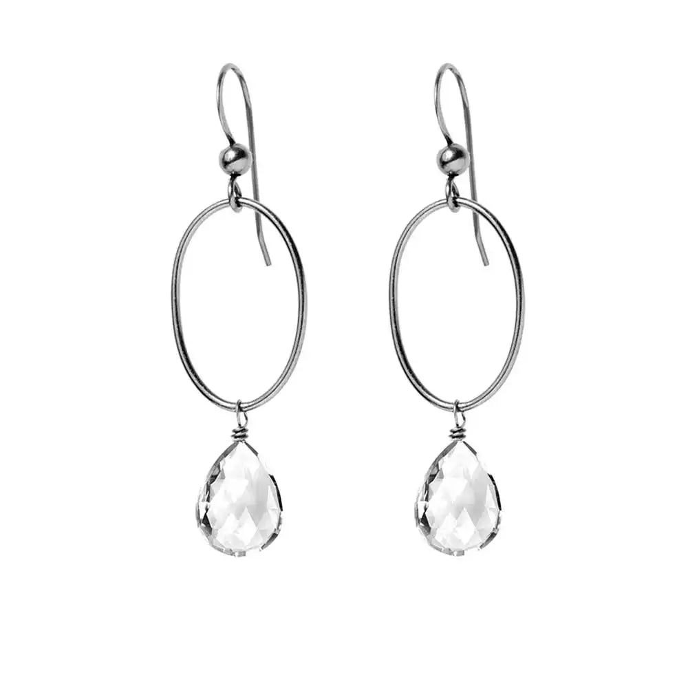 White Topaz gemstone hoop earrings in oxidized silver, hand-cut crystal clear stone, handmade in the USA variant--Oxidized-sterling-silver
