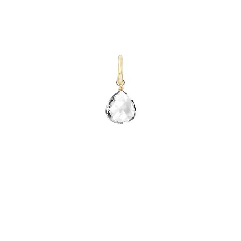 Petite white topaz gemstone in briolette cut, 12mm, finished with elegant gold-fill wirework. variant--White-Topaz variant--Gold-fill variant--Small