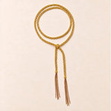 Yellow braided chain and silk lariat necklace in 14K gold-fill, flat lay
