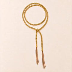 Yellow braided chain and silk lariat necklace in 14K gold-fill, flat lay